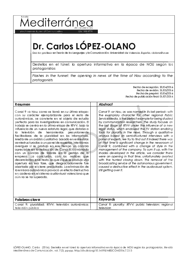 First page of “REVISTA MEDITERRÁNEA DE COMUNICACIÓN: Flashes in the tunnel: the opening in news at the time of Nou according to the protagonists”