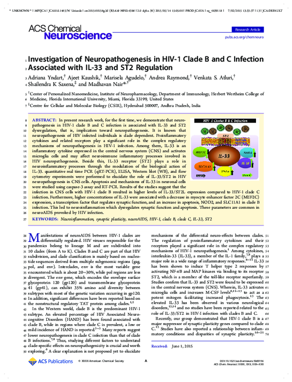 First page of “Investigation of Neuropathogenesis in HIV-1 Clade B & C Infection Associated with IL-33 and ST2 Regulation”