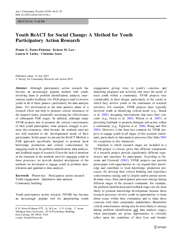 First page of “Youth ReACT for Social Change: A Method for Youth Participatory Action Research”