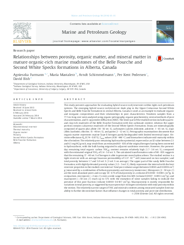 First page of “Relationships between porosity, organic matter, and mineral matter in mature organic-rich marine mudstones of the Belle Fourche and Second White Specks formations in Alberta, Canada”