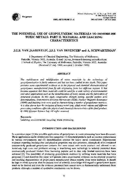 First page of “The potential use of geopolymeric materials to immobilise toxic metals: Part II. Material and leaching characteristics”