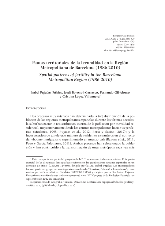 First page of “Pautas territoriales de la fecundidad en la Región Metropolitana de Barcelona (1986-2010)”