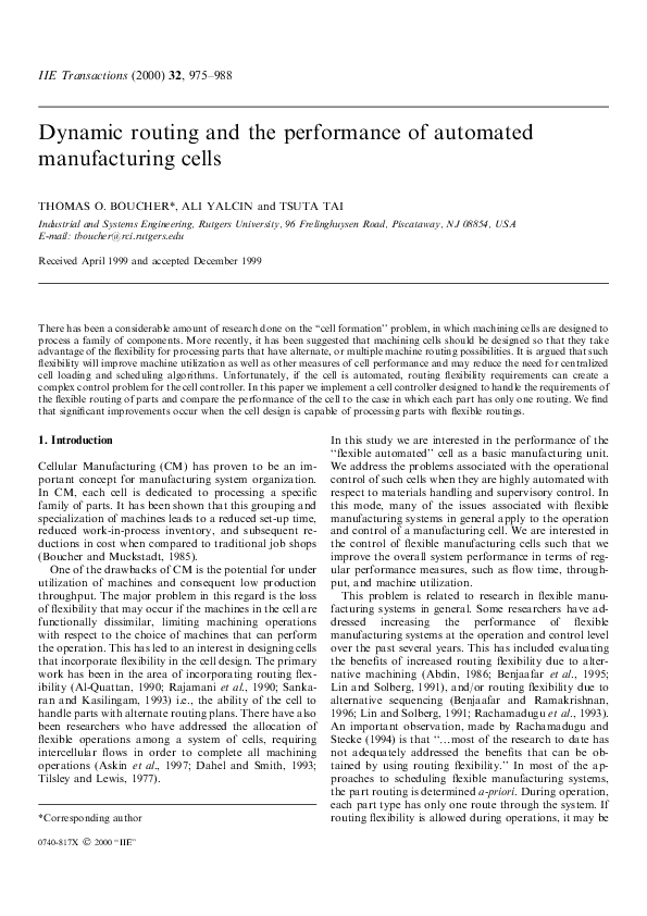 First page of “Dynamic routing and the performance of automated manufacturing cells”