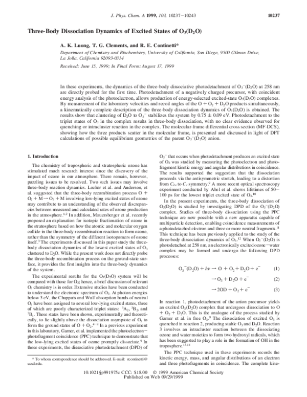 First page of “Three-Body Dissociation Dynamics of Excited States of O 3 (D 2 O)”