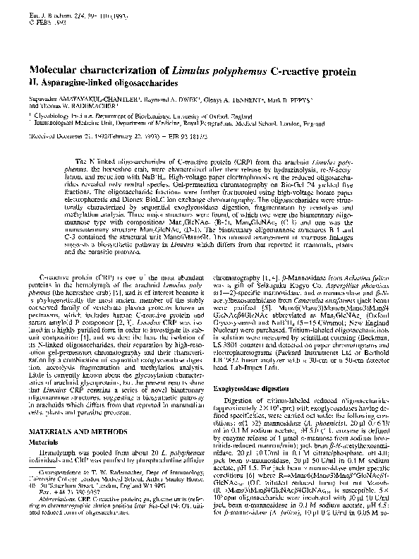 First page of “Molecular characterization of Limulus polyphemus C-reactive protein. I. Subunit composition”