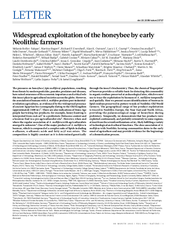 First page of “Widespread exploitation of the honeybee by early Neolithic farmers - Uso de cera de abeja en el Neolítico”