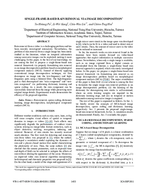 First page of “Single-frame-based rain removal via image decomposition”