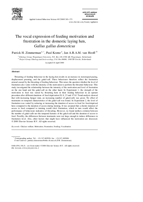 First page of “The vocal expression of feeding motivation and frustration in the domestic laying hen, Gallus gallus domesticus”