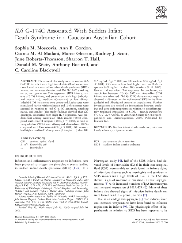 First page of “IL6 G-174C Associated With Sudden Infant Death Syndrome in a Caucasian Australian Cohort”