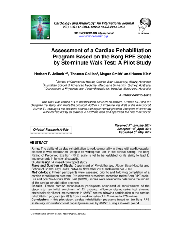 First page of “Assessment of a Cardiac Rehabilitation Program Based on the Borg RPE Scale by Six-minute Walk Test: A Pilot Study”