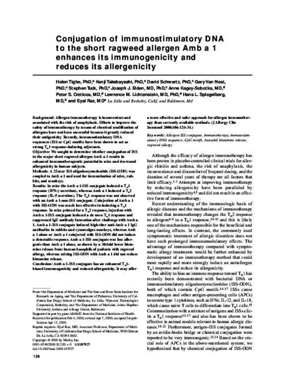 First page of “Conjugation of immunostimulatory DNA to the short ragweed allergen Amb a 1 enhances its immunogenicity and reduces its allergenicity”