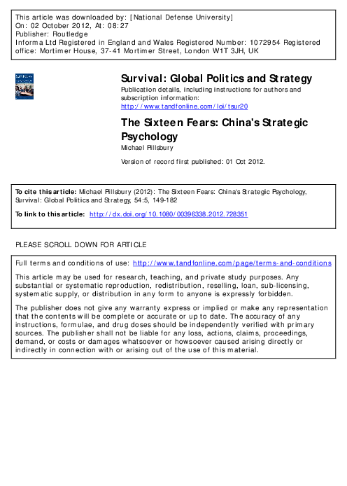 First page of “Survival: Global Politics and Strategy The Sixteen Fears: China's Strategic Psychology”