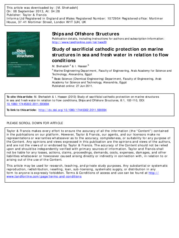 First page of “Study of sacrificial cathodic protection on marine structures in sea and fresh water in relation to flow conditions”