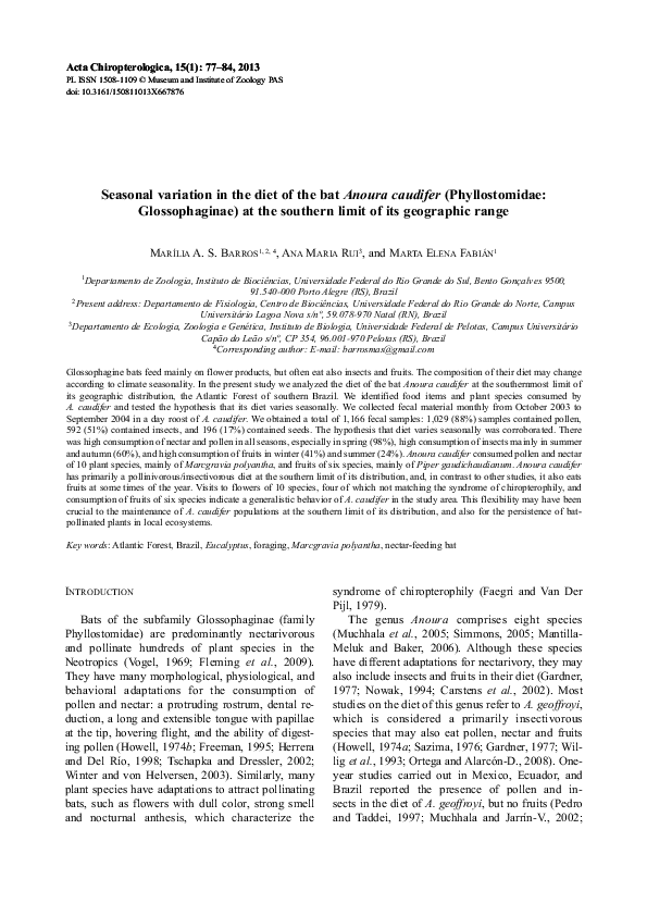 First page of “Seasonal Variation in the Diet of the Bat Anoura caudifer (Phyllostomidae: Glossophaginae) at the Southern Limit of its Geographic Range”