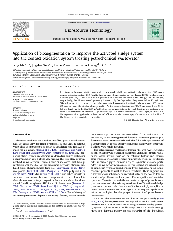 First page of “Application of bioaugmentation to improve the activated sludge system into the contact oxidation system treating petrochemical wastewater”