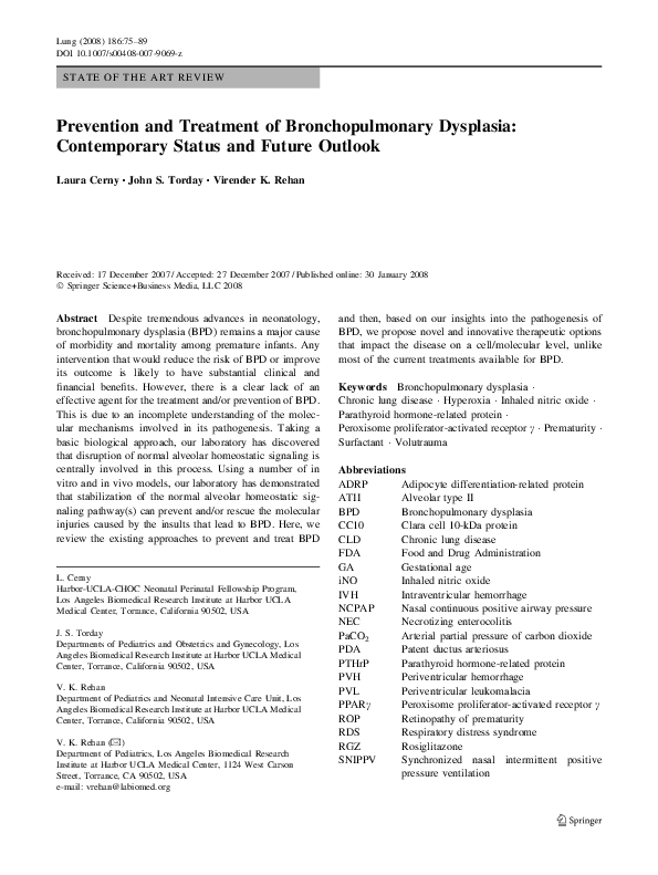 First page of “Prevention and Treatment of Bronchopulmonary Dysplasia: Contemporary Status and Future Outlook”