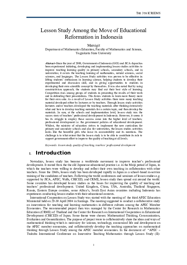 First page of “Lesson Study Among the Move of Educational Reformation in Indonesia”