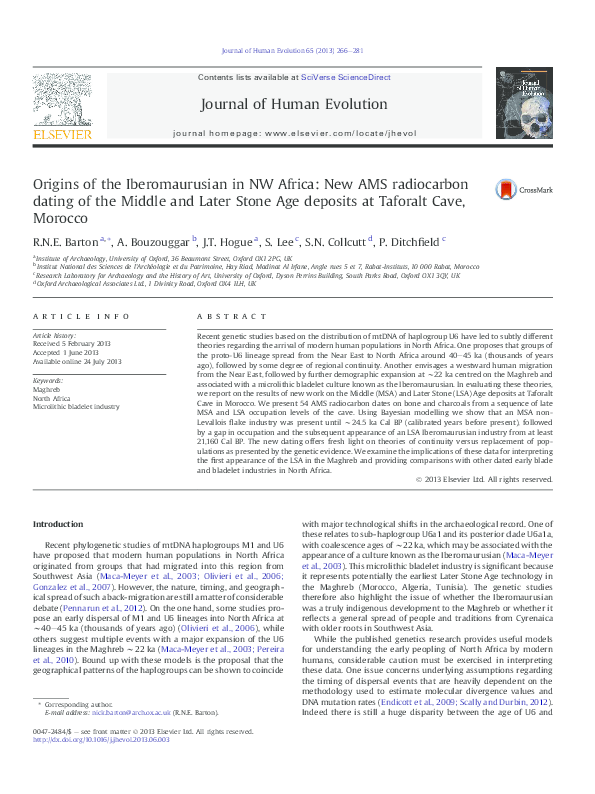 First page of “Origins of the Iberomaurusian in NW Africa: New AMS radiocarbon dating of the Middle and Later Stone Age deposits at Taforalt Cave, Morocco”