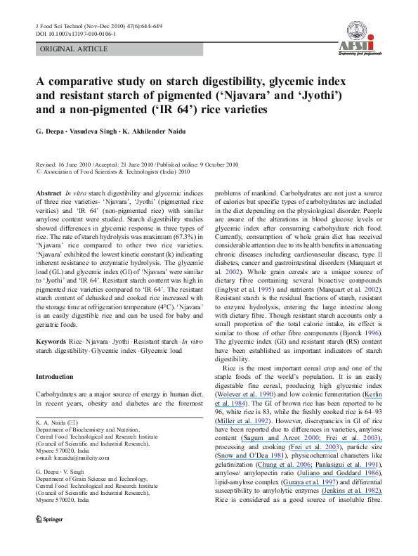 First page of “A comparative study on starch digestibility, glycemic index and resistant starch of pigmented (‘Njavara’ and ‘Jyothi’) and a non-pigmented (‘IR 64’) rice varieties”