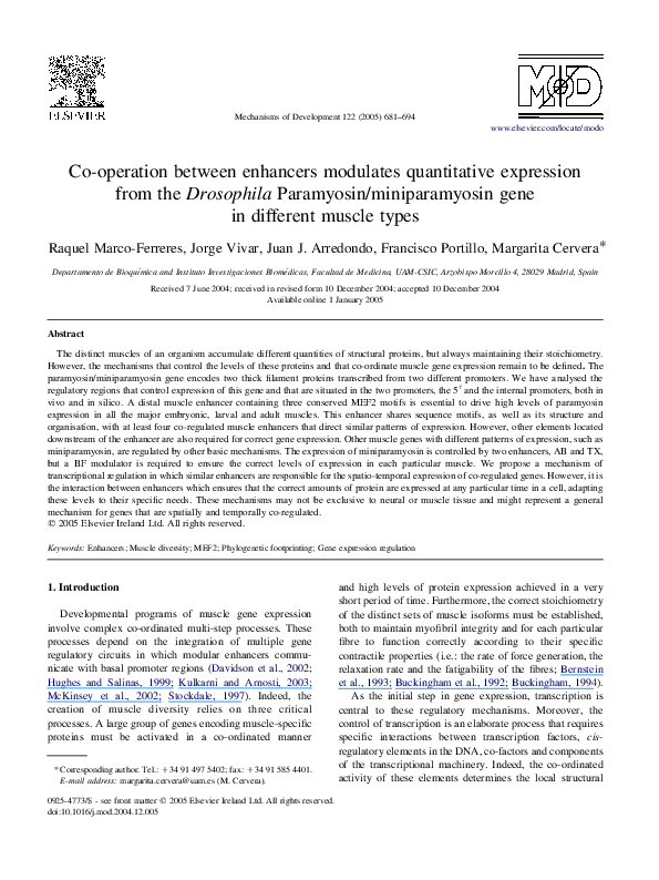 First page of “Co-operation between enhancers modulates quantitative expression from the Drosophila Paramyosin/miniparamyosin gene in different muscle types”