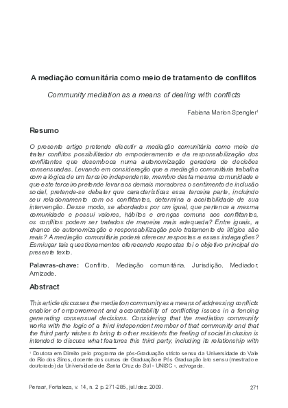 First page of “A MEDIAÇÃO COMUNITÁRIA COMO MEIO DE TRATAMENTO DE CONFLITOS. Doi: 10.5020/2317-2150.2009.v14n2p271”