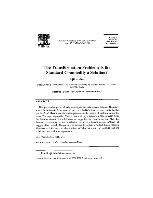 First page of “The transformation problem: Is the standard commodity a solution”