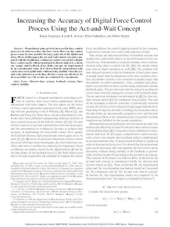 First page of “Increasing the Accuracy of Digital Force Control Process Using the Act-and-Wait Concept”