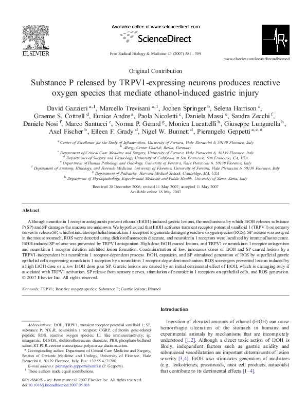 First page of “Substance P released by TRPV1-expressing neurons produces reactive oxygen species that mediate ethanol-induced gastric injury”