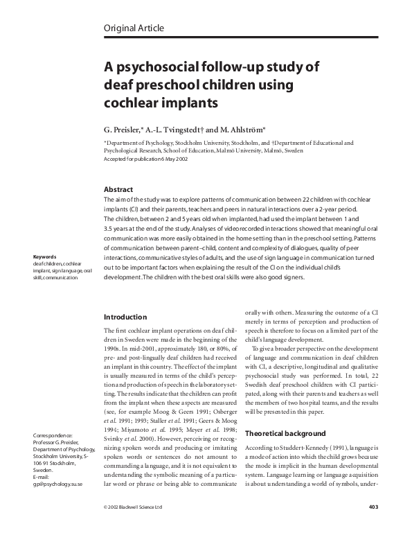 First page of “A psychosocial follow-up study of deaf preschool children using cochlear implants”