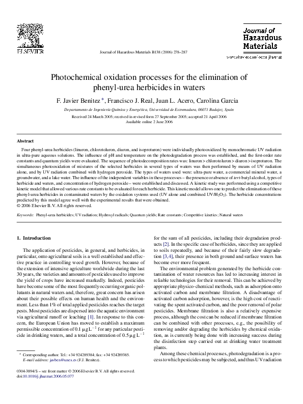 First page of “Photochemical oxidation processes for the elimination of phenyl-urea herbicides in waters”