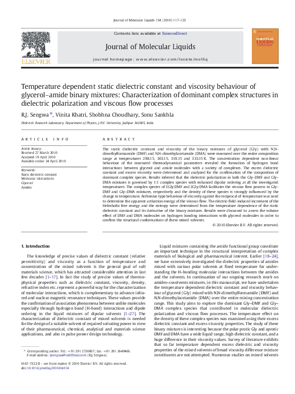 First page of “Temperature dependent static dielectric constant and viscosity behaviour of glycerol–amide binary mixtures: Characterization of dominant complex structures in dielectric polarization and viscous flow processes”