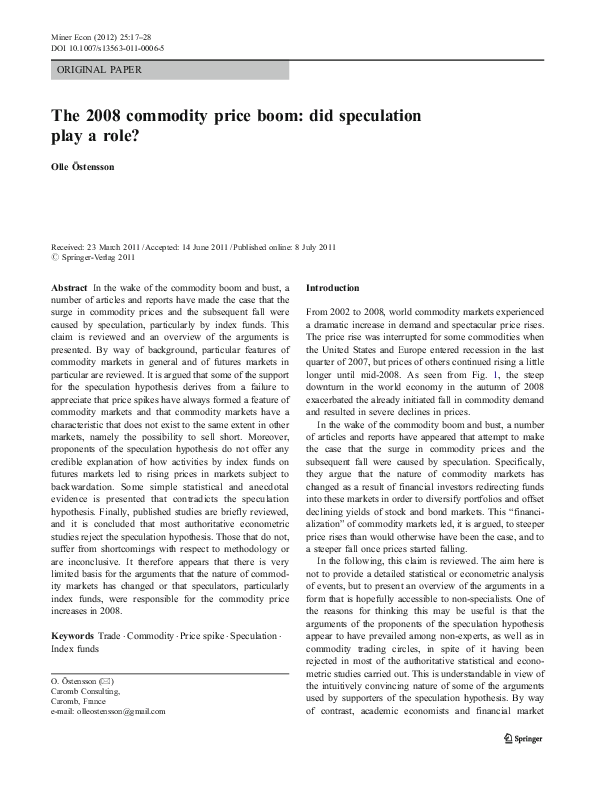 First page of “The 2008 commodity price boom: did speculation play a role?”