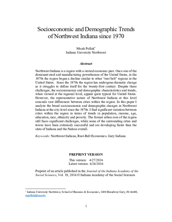 First page of “Socioeconomic and Demographic Trends of Northwest Indiana since 1970”