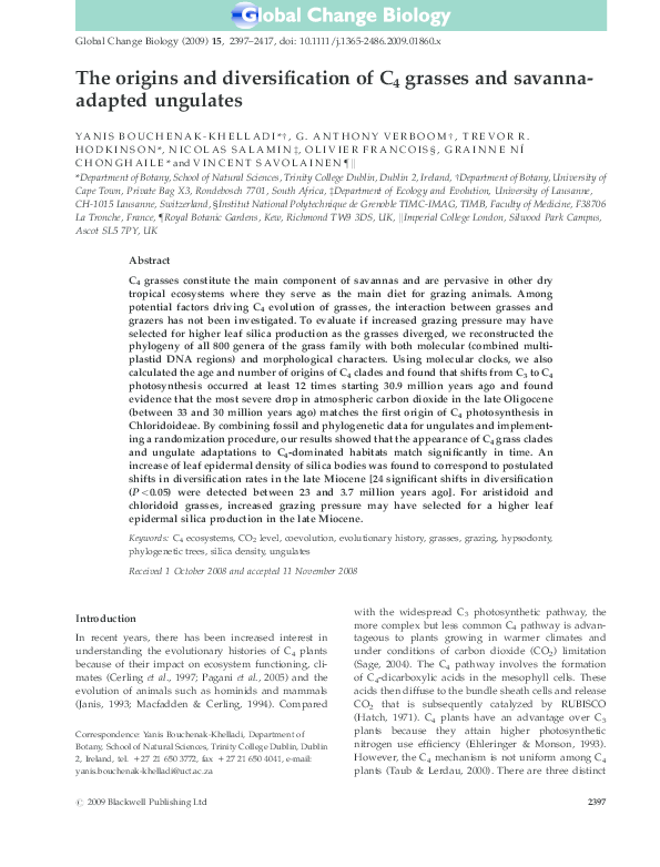 First page of “The origins and diversification of C 4 grasses and savanna-adapted ungulates”