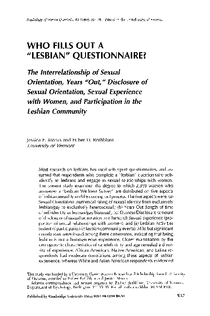 First page of “WHO FILLS OUT A "LESBIAN" QUESTIONNAIRE?.: The Interrelationship of Sexual Orientation, Years "Out," Disclosure of Sexual Orientation, Sexual Experience with Women, and Participation in the Lesbian Community”