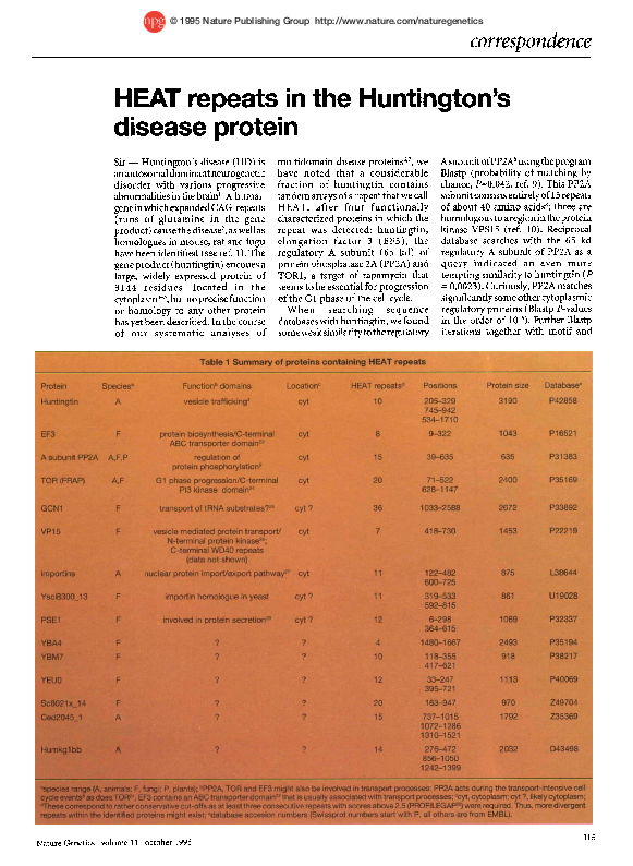 First page of “HEAT repeats in the Huntington's disease protein”