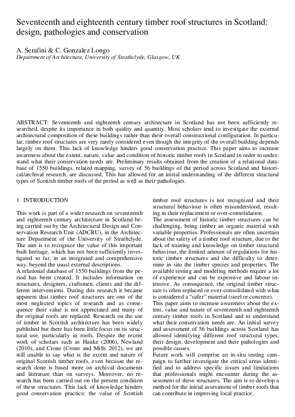 First page of “Seventeenth and eighteenth century timber roof structures in Scotland: design, pathologies and conservation”