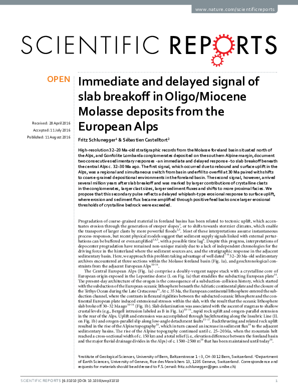 First page of “Immediate and delayed signal of slab breakoff in Oligo/Miocene Molasse deposits from the European Alps OPEN”