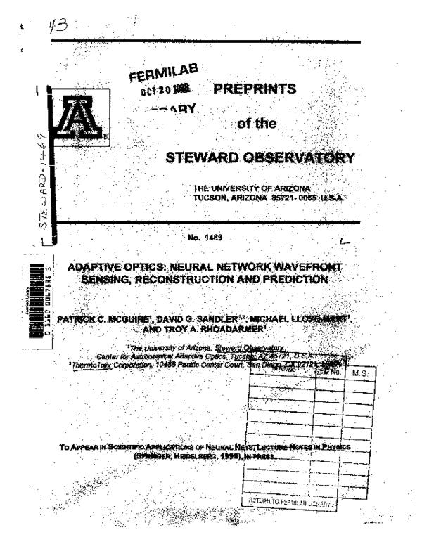 First page of “Adaptive optics: Neural network wavefront sensing, reconstruction, and prediction”