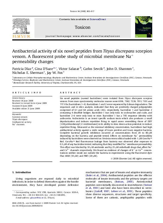 First page of “Antibacterial activity of six novel peptides from Tityus discrepans scorpion venom. A fluorescent probe study of microbial membrane Na + permeability changes”