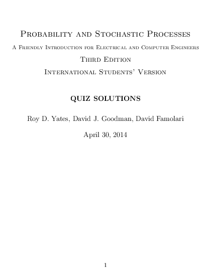 First page of “Probability and Stochastic Processes A Friendly Introduction for Electrical and Computer Engineers Third Edition International Students' Version QUIZ SOLUTIONS”