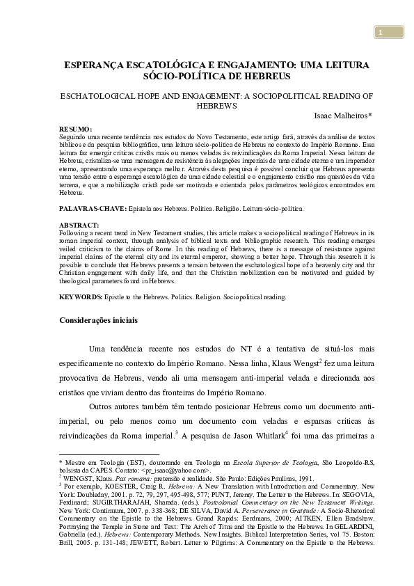 First page of “ESPERANÇA ESCATOLÓGICA E ENGAJAMENTO: UMA LEITURA SÓCIO-POLÍTICA DE HEBREUS (ESCHATOLOGICAL HOPE AND ENGAGEMENT: A SOCIOPOLITICAL READING OF HEBREWS)”