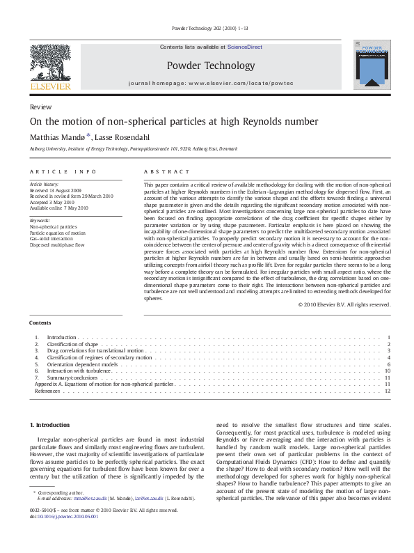 First page of “On the motion of non-spherical particles at high Reynolds number”