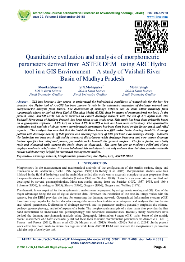 First page of “Quantitative evaluation and analysis of morphometric parameters derived from ASTER DEM using ARC Hydro tool in a GIS Environment – A study of Vaishali River Basin of Madhya Pradesh”