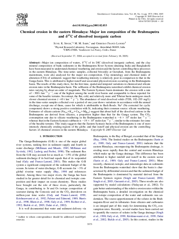 First page of “Chemical erosion in the eastern Himalaya: Major ion composition of the Brahmaputra and δ 13C of dissolved inorganic carbon”