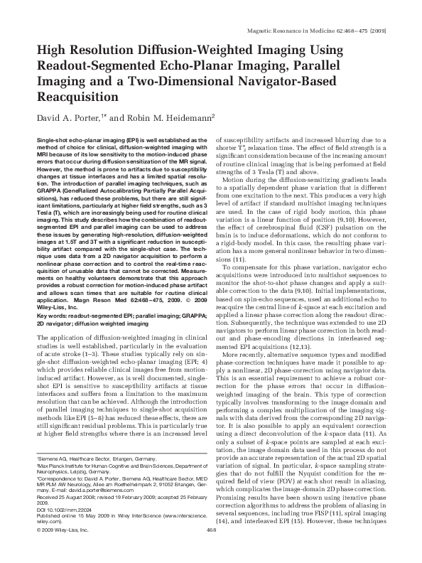 First page of “High Resolution Diffusion-Weighted Imaging Using Readout-Segmented Echo-Planar Imaging, Parallel Imaging and a Two-Dimensional Navigator-Based Reacquisition”