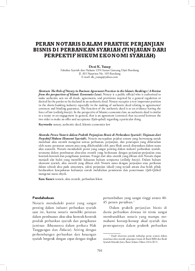 First page of “PERAN NOTARIS DALAM PRAKTIK PERJANJIAN BISNIS DI PERBANKAN SYARIAH (TINJAUAN DARI PERPEKTIF HUKUM EKONOMI SYARIAH”