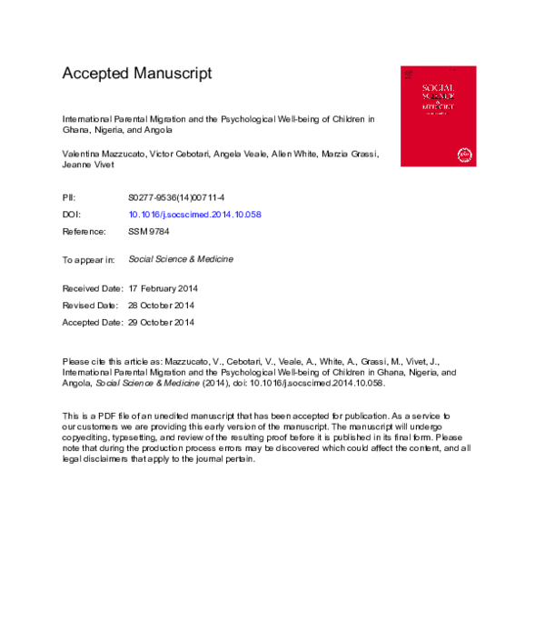 First page of “International Parental Migration and the Psychological Well-being of Children in Ghana, Nigeria, and Angola”