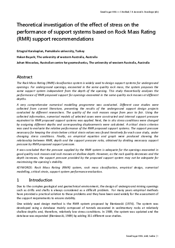 First page of “Theoretical investigation of the effect of stress on the performance of support systems based on Rock Mass Rating (RMR) support recommendations”