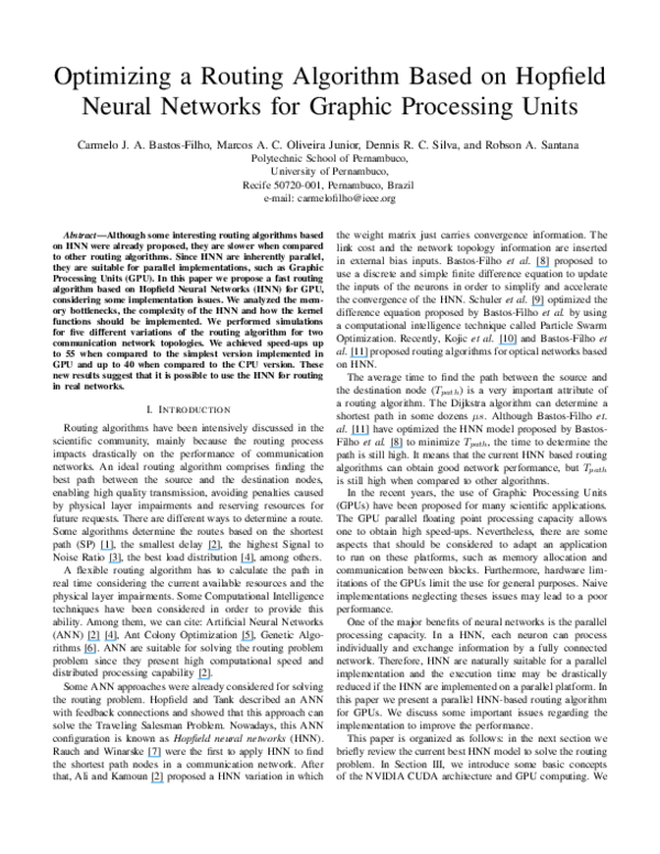 First page of “Optimizing a routing algorithm based on Hopfield Neural Networks for Graphic Processing Units”